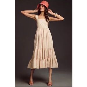 Anthropologie Cream Pink Pleated Midi Sundress Tiered Ruffle